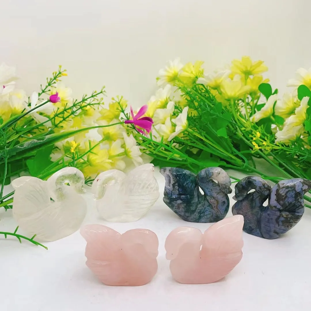 2PCS Natural Crystal Quartz Swan Carving Mini Animal Statue Healing Lucky Energy Gemstone Home Decoration Crystal Crafts Gift 2