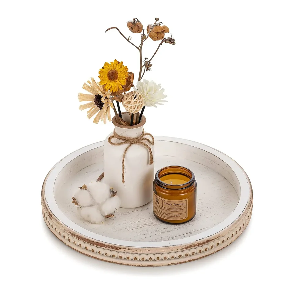 Vassoio Decorativo A 2 Livelli In Legno Con Perline - Centrotavola Rustico Per Casa, Natale E Halloween