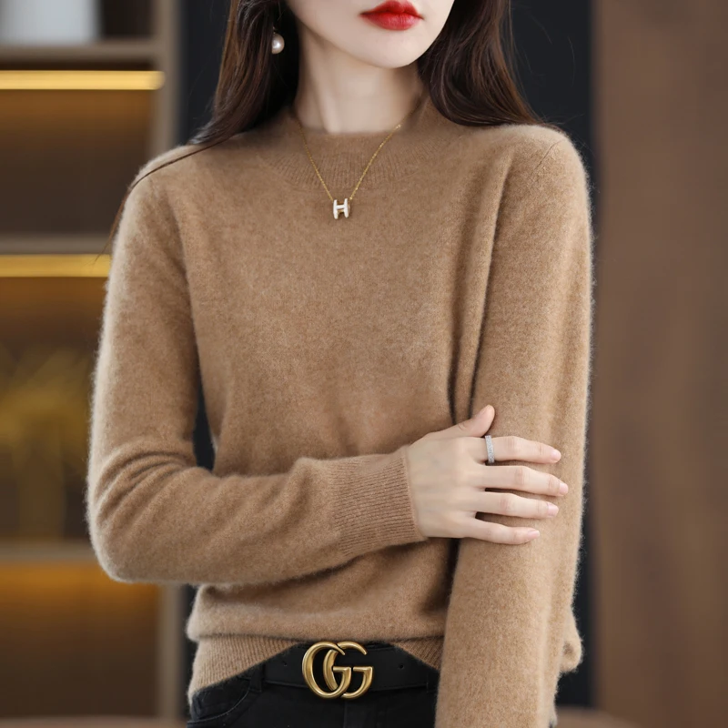 

Fall/Winter New Women's Half-high Neck 100% Pure Wool Pullover Long Sleeve Loose Cashmere Knitted Bottom Shirt