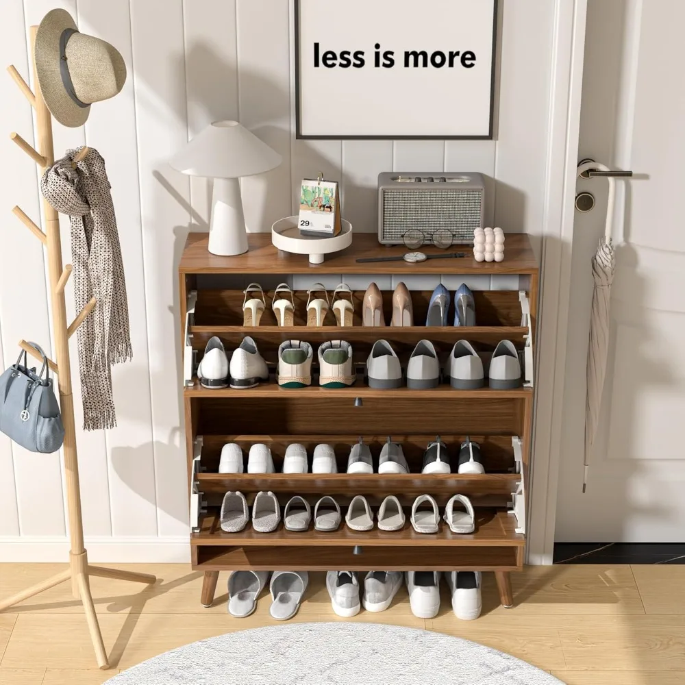 Shoe Storage Cabinet for Entryway with 2 Flip Drawers, Narrow Wood Shoe Cabinet with Fluted Panel, 3