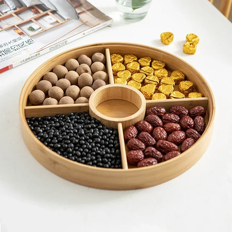 Bamboo Divided Nut Storage Tray Wooden Dried Fruit Candy Serving