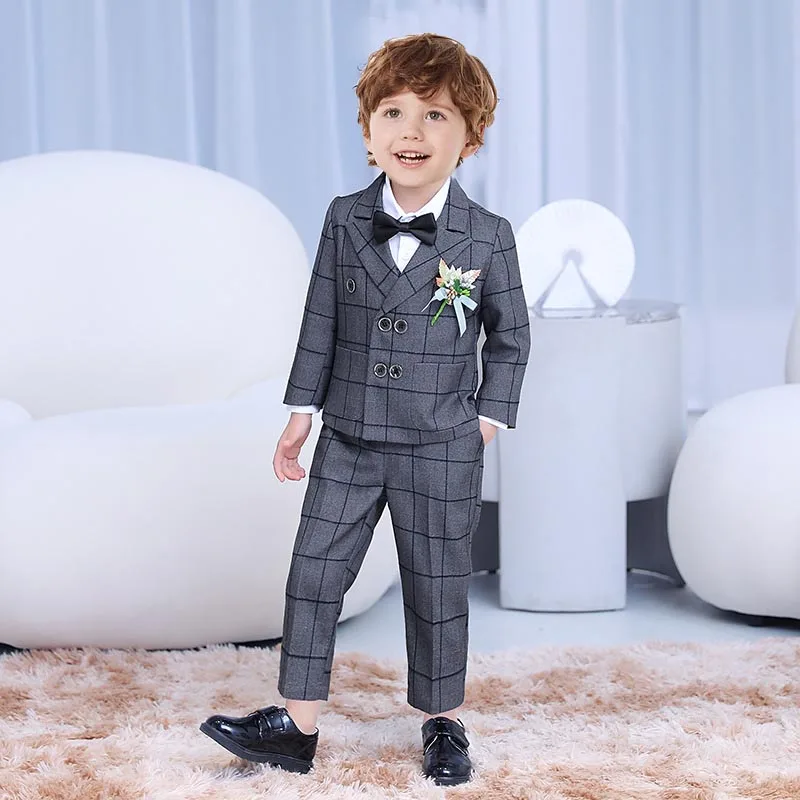 

Children Gary Jacket Vest Pants Bowtie 4PCS Party Photography Suit Flower Boys Ceremony Costume Kids Birthday Wedding Dress