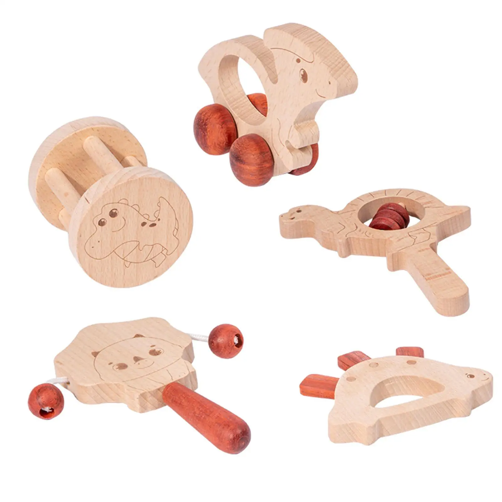 

5Pcs Wooden Baby Toy Set Newborn Gifts Early Learning Wood Car Baby Rattle with Bells for Babies Infant Girls Boys 0 6 12 Months