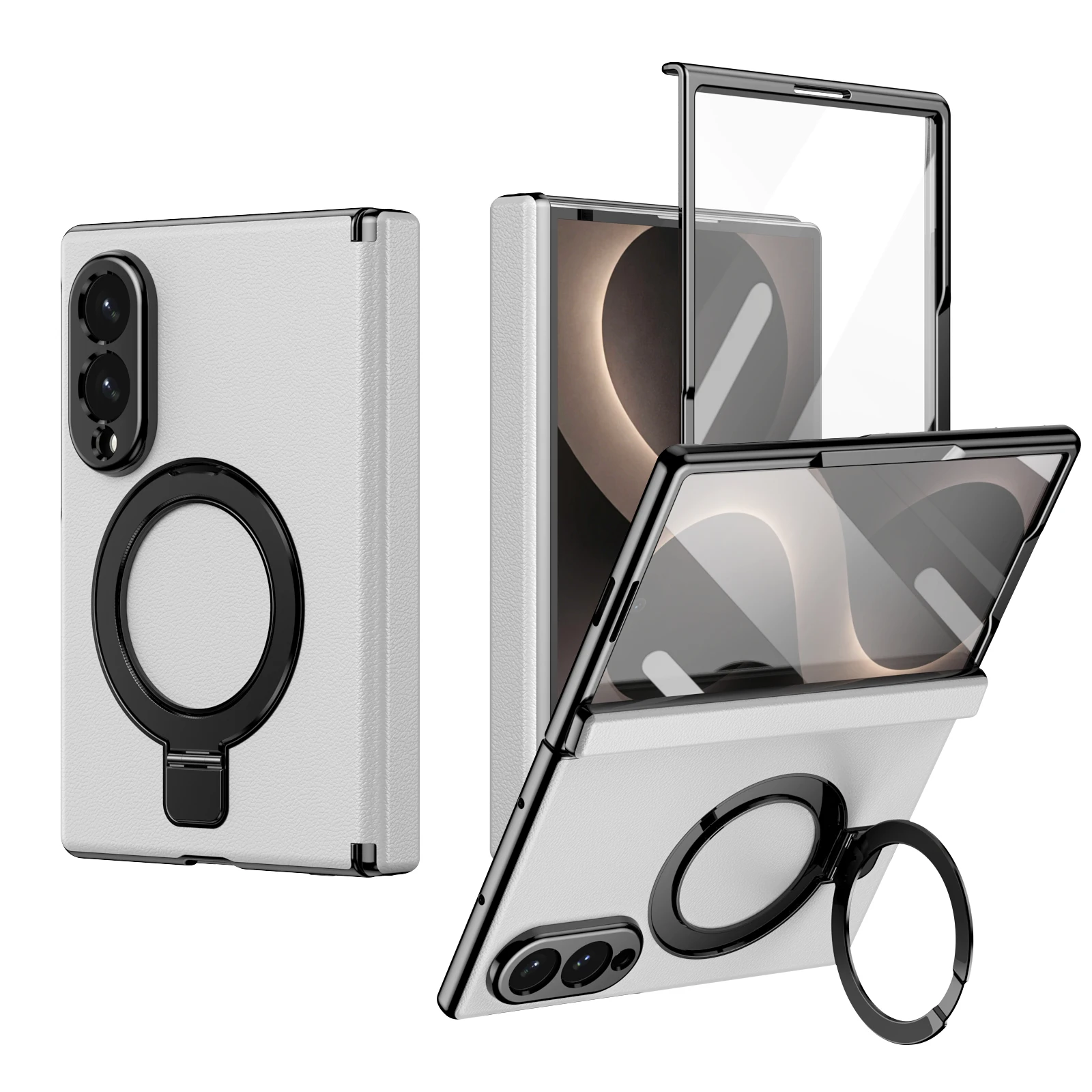 Magnetic Hinge Protection Case with Screen Protector & Rotating Ring Holder