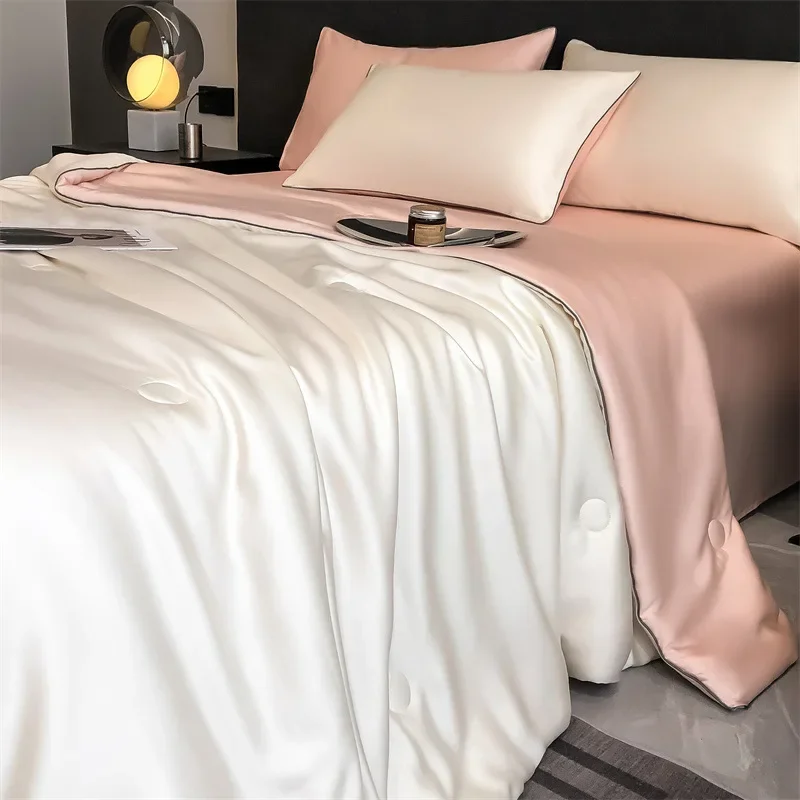 심플한 100 Lanjing Tiansi 여름 쿨 이불 세트, 4 가지 단색, 더블 패널 리오셀 섬유 에어컨, 여름 이불 