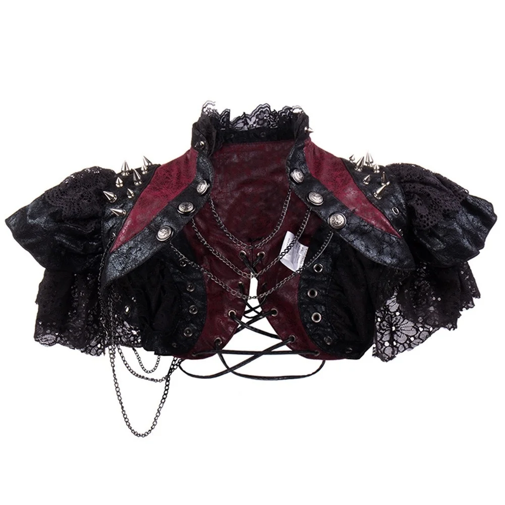

Gothic Ultra Short Coat Metal Chain Cross Rivet Leather Canister Punk Halloween Performance Cosplay Girl Gothic Top
