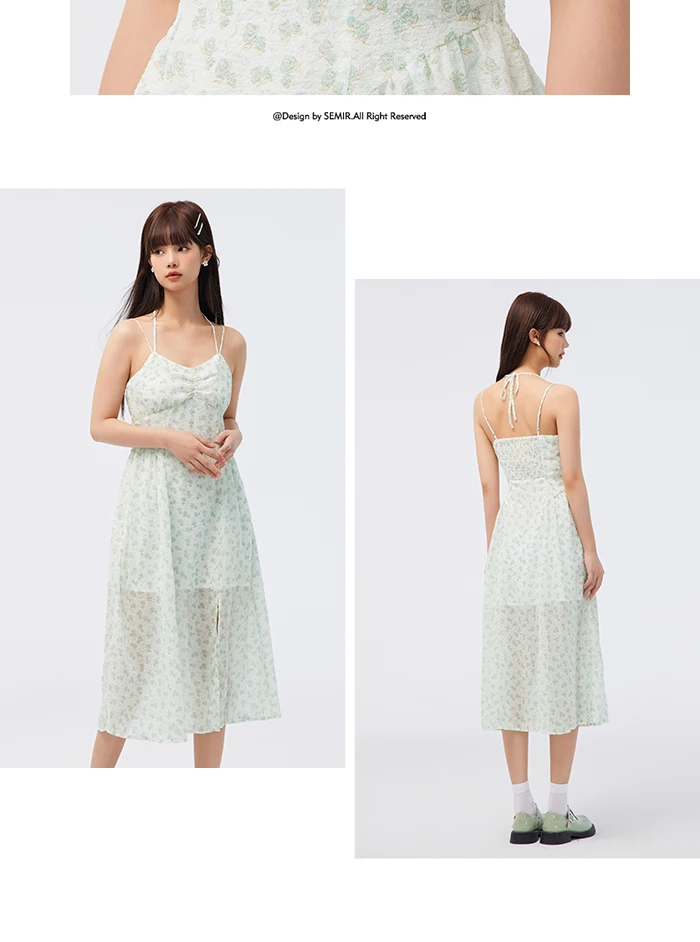 Vestido de mujer de gasa con tirantes altos y abertura, vestido de verano nuevo, vestido ajustado con flores fragmentadas, suave