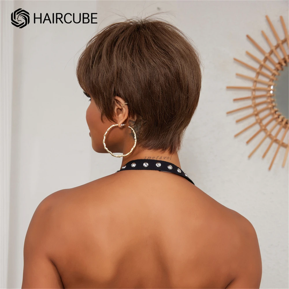 Remy Human Hair Wigs For Women Brown Pixie Cut Lace Frontal Wigs Short Straight Layered Bob Bangs HD Transprent Lace