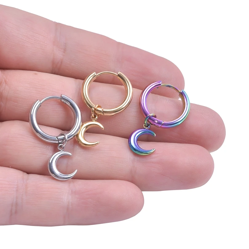 Aufrechter Mond Charm Ohrring Lune Anhänger Edelstahl Ohrringe für Damen Herren Modeschmuck Runde Creolen Piercing Ohrringe – Detail 1