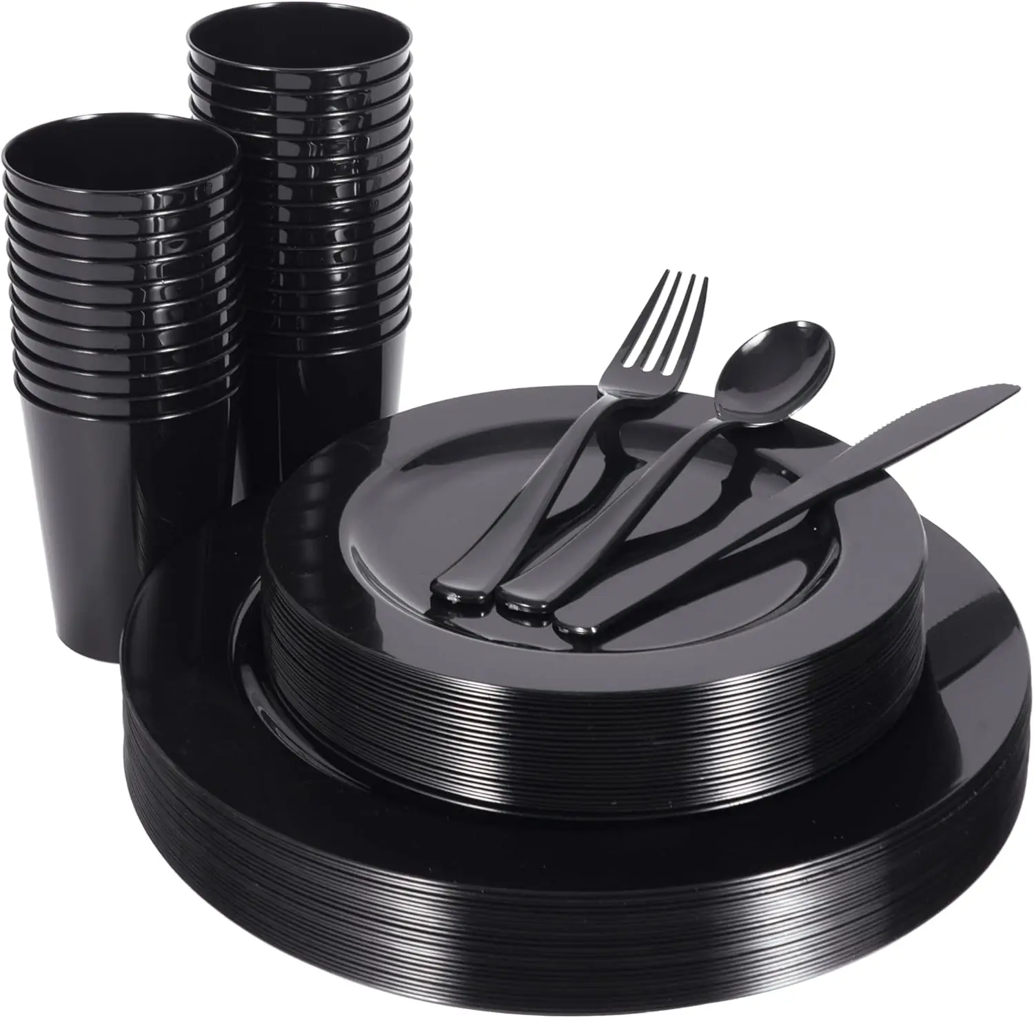 NEW Black Plastic Plates Party Supplies-150 PCS Reusable Disposable Sets of Dinner Plates Salad or Dessert Forks Spoons