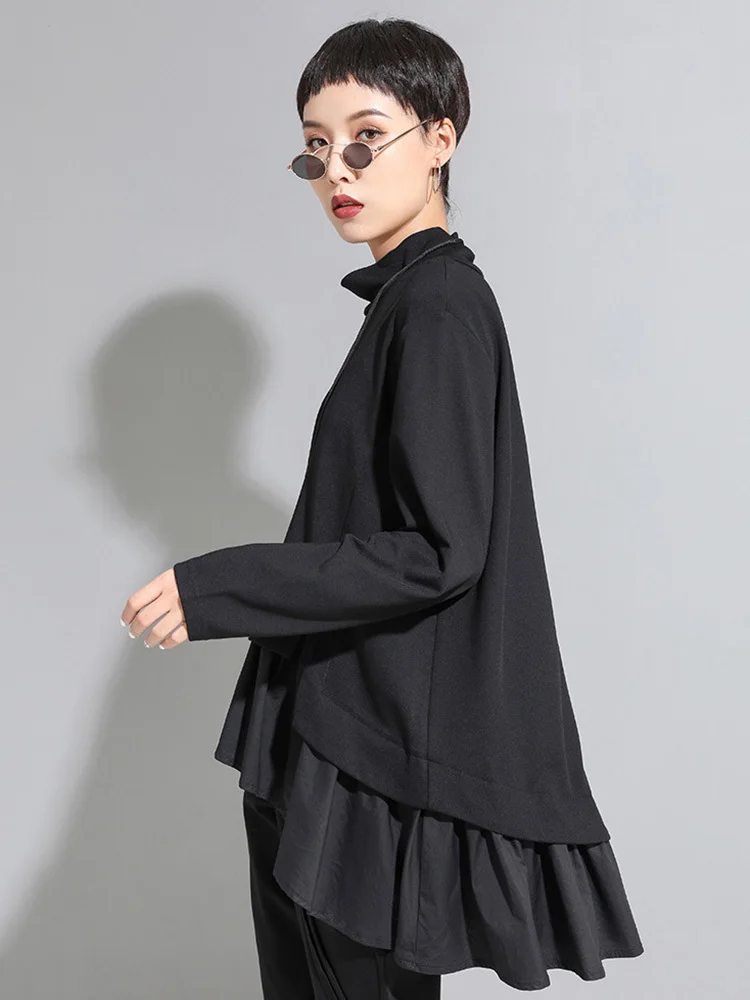 [EAM] Loose Fit Asymmetrical Ruffles Sweatshirt New High Collar Long Sleeve Women Big Size Fashion Tide Spring Autumn 2026 1A529