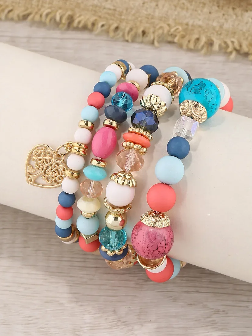 4Pcs Tree of Life Heart Bracelet Set For Women Acrylic Glass Beads Chain Elastic Bangle Female Fashion Party Jewelry