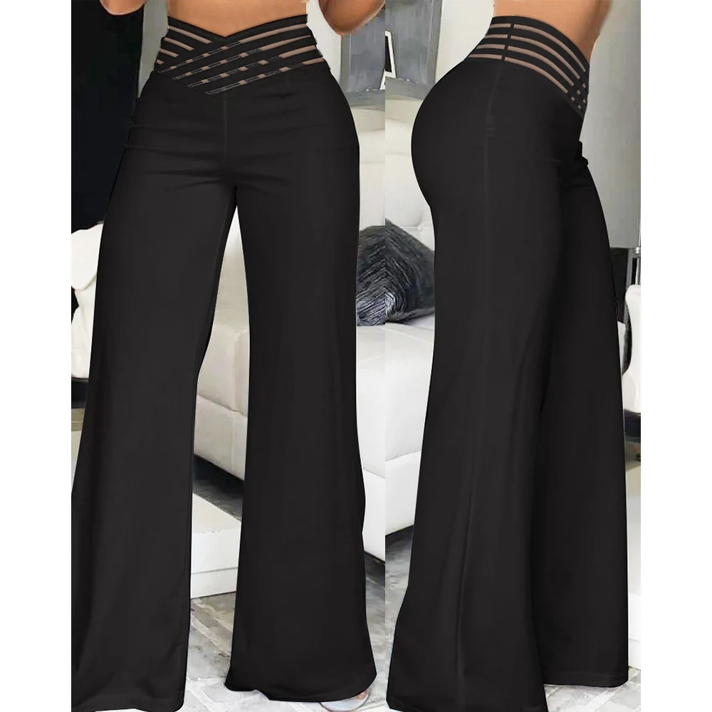 Summer Women Crisscross Sheer Mesh Patch Pants 2023 Casual Female High Waist Wide Leg Work Pants Office Long Trousers Clothing mesh capri pants women 2022 summer cropped trousers elastic high waist calf length thin black polka dot wide leg pants