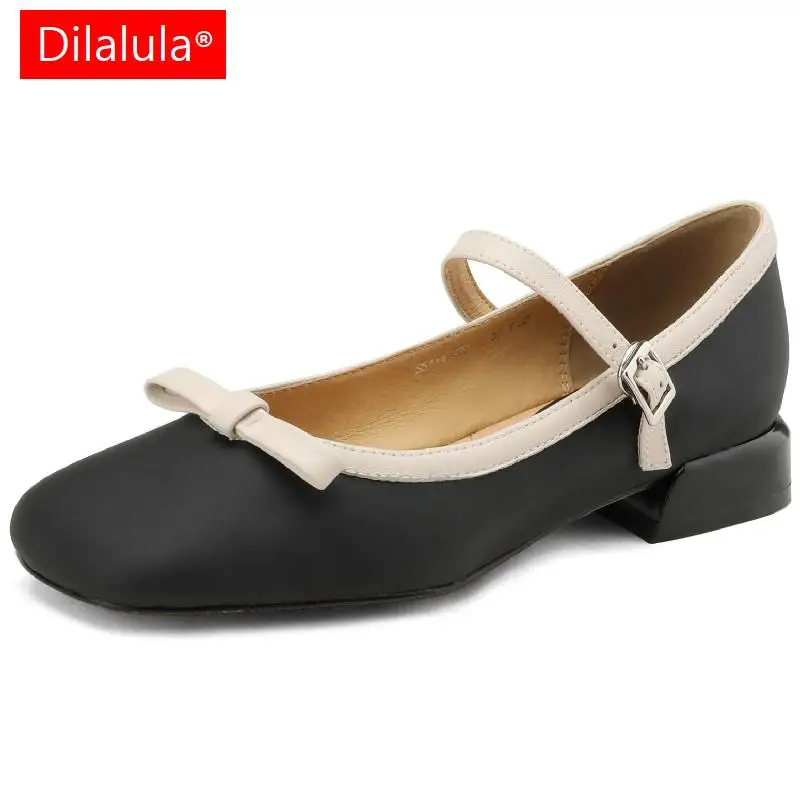 

Dilalula Sweet Vintage Women Pumps Genuine Leather Square Toe Low Heels Butterfly Knot Mary Janes Shoes Woman 2023 Spring Summer