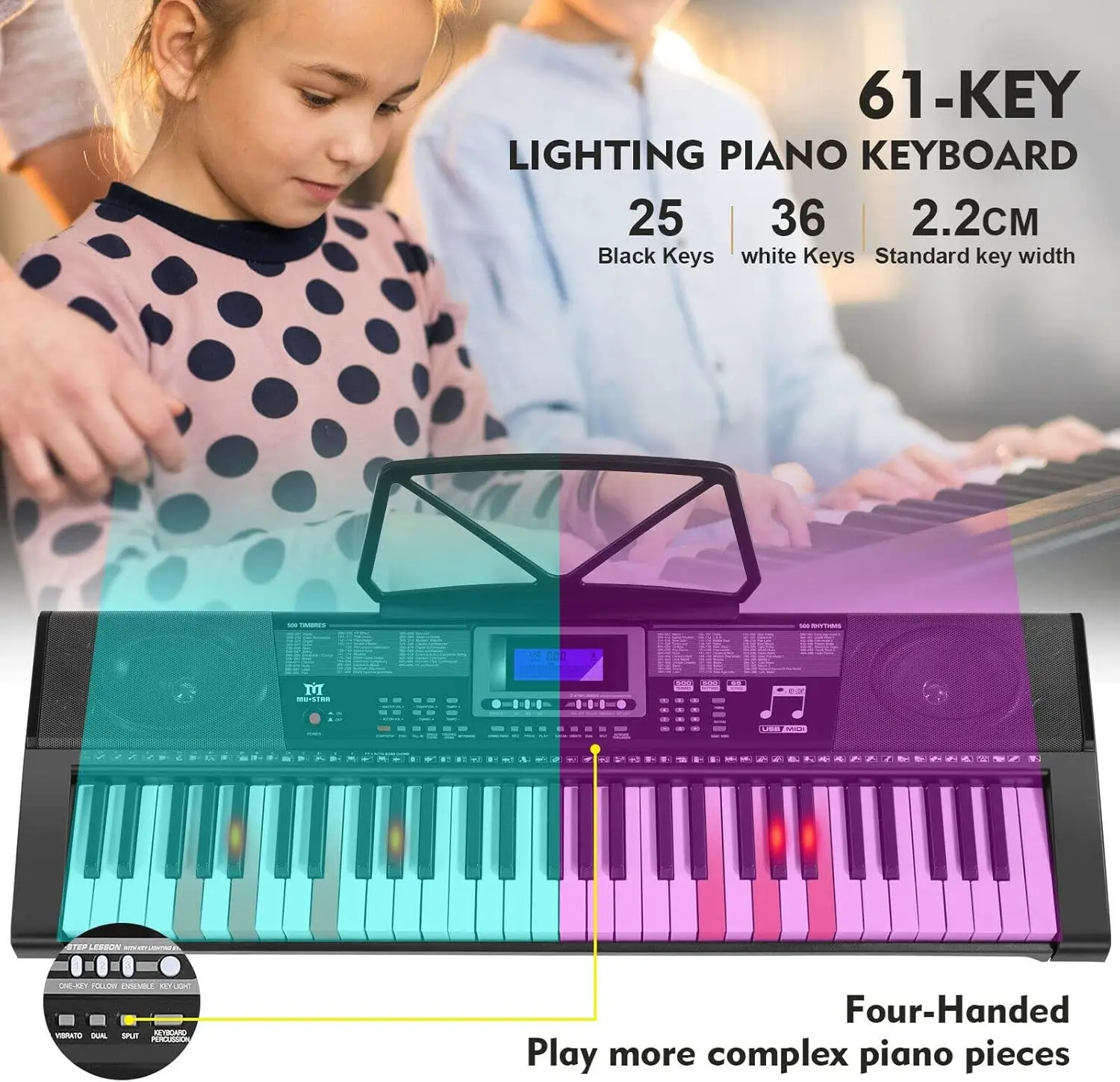 Piano Keyboard, MEKS-500 61 Key Learning Keyboard Piano with Lighted Up Keys, Electric Keyboard for Beginners, Stan