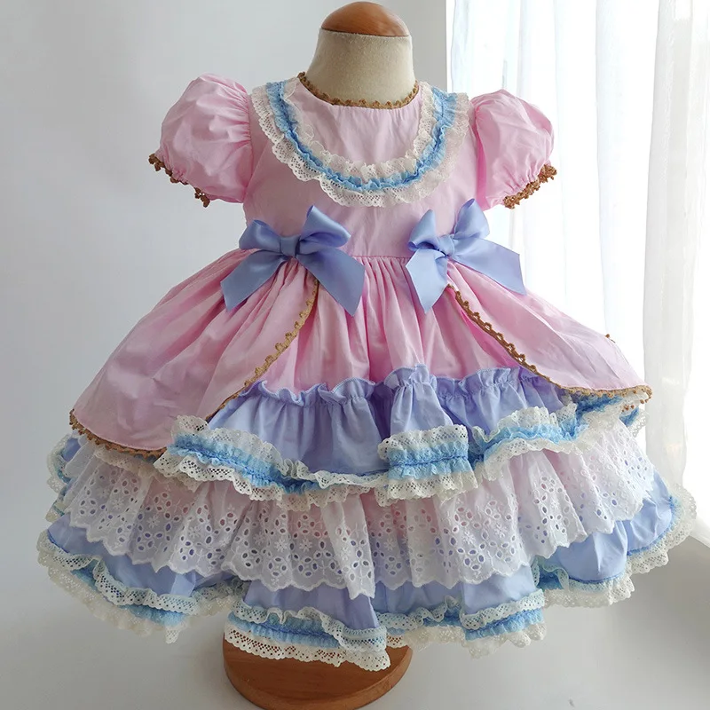 Birthday Dress Spanish Girls Boutique Dresses 2022 Summer Layered Children Lace Bow Embroidery Ball Gown Princess Clothes baby dresses