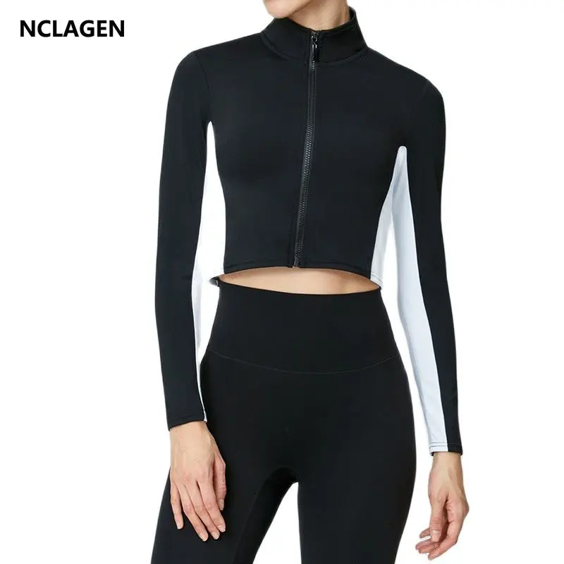 

NCLAGEN Fitness Jacket Women Zipper Autumn Winter Stand Collar Yoga Coat Color Blocking Slim Long Sleeve Shirts GYM Running Top