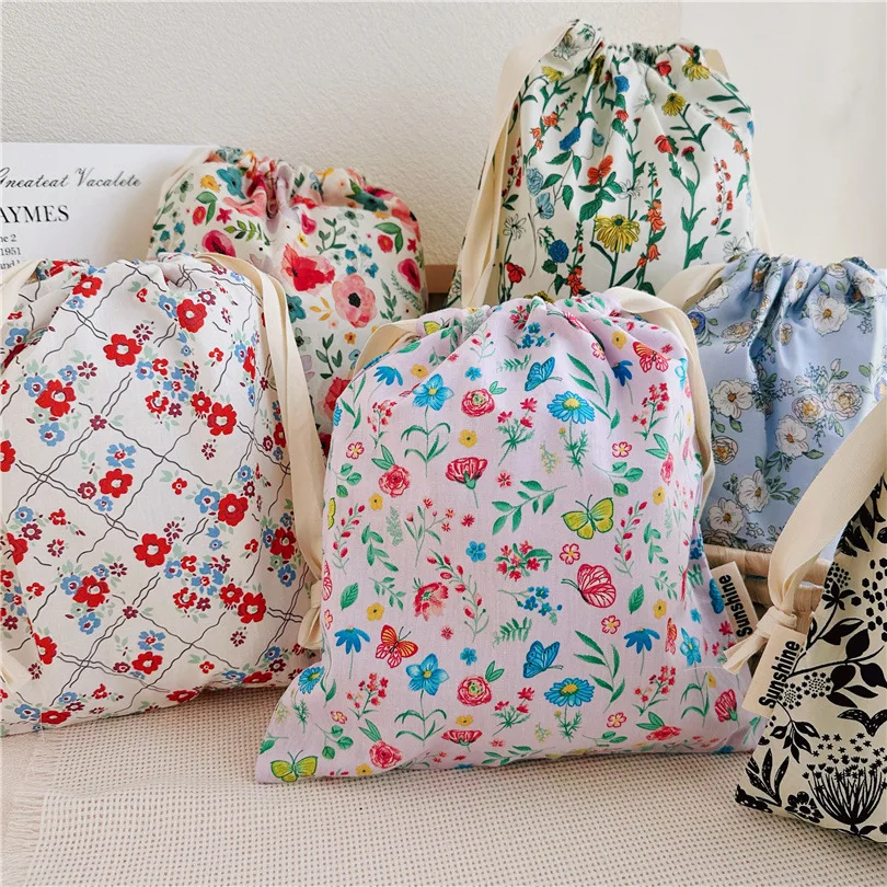 Floral Print Travel Drawstring Bag - Portable Cotton Organizer for Underwear, Socks, and Makeup