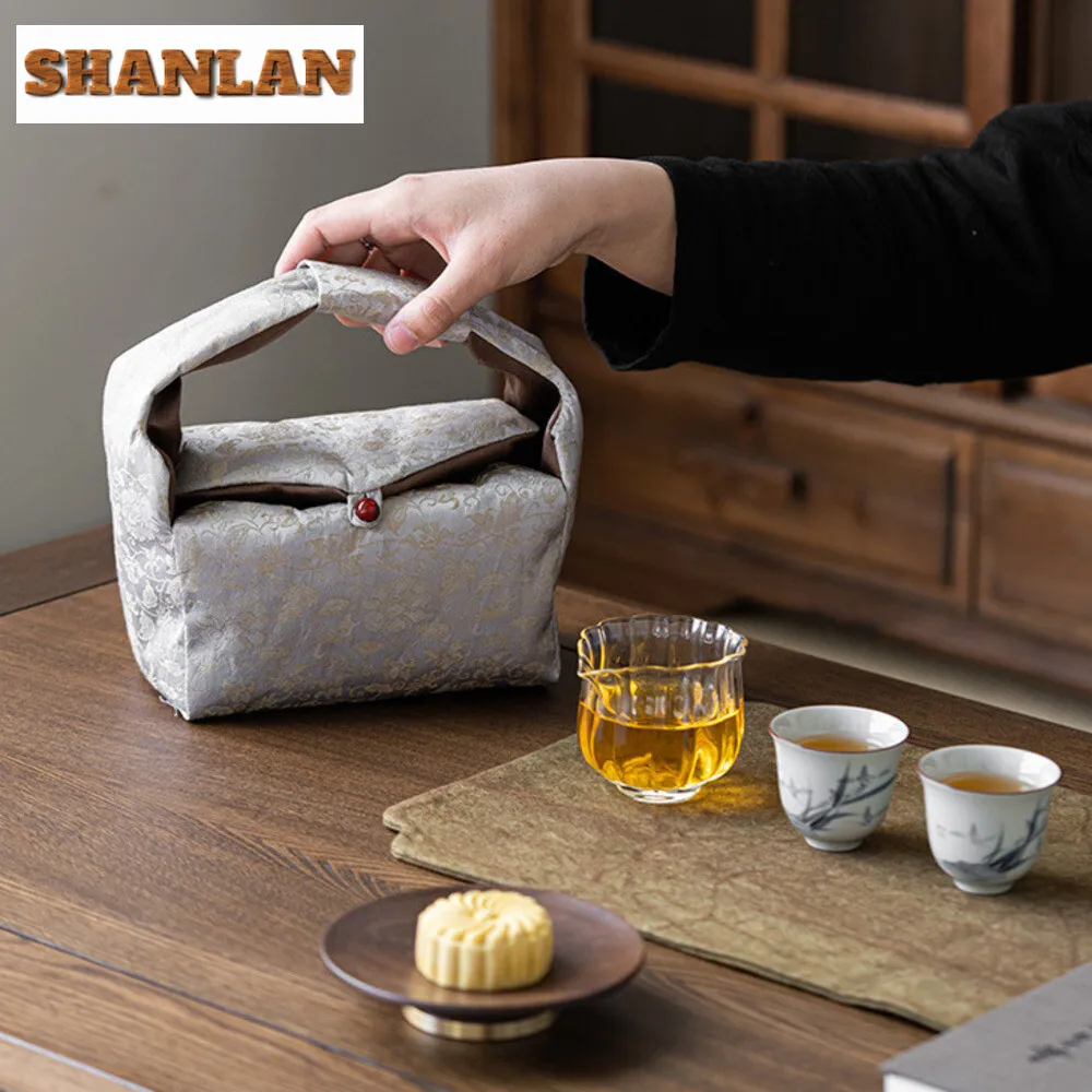 Entangled Lotus Brocade Tea Handbag Travel Portable Storage Bag Thickened Divider Teacup Teapot Cloth Hoppocket Camping Tea Bag