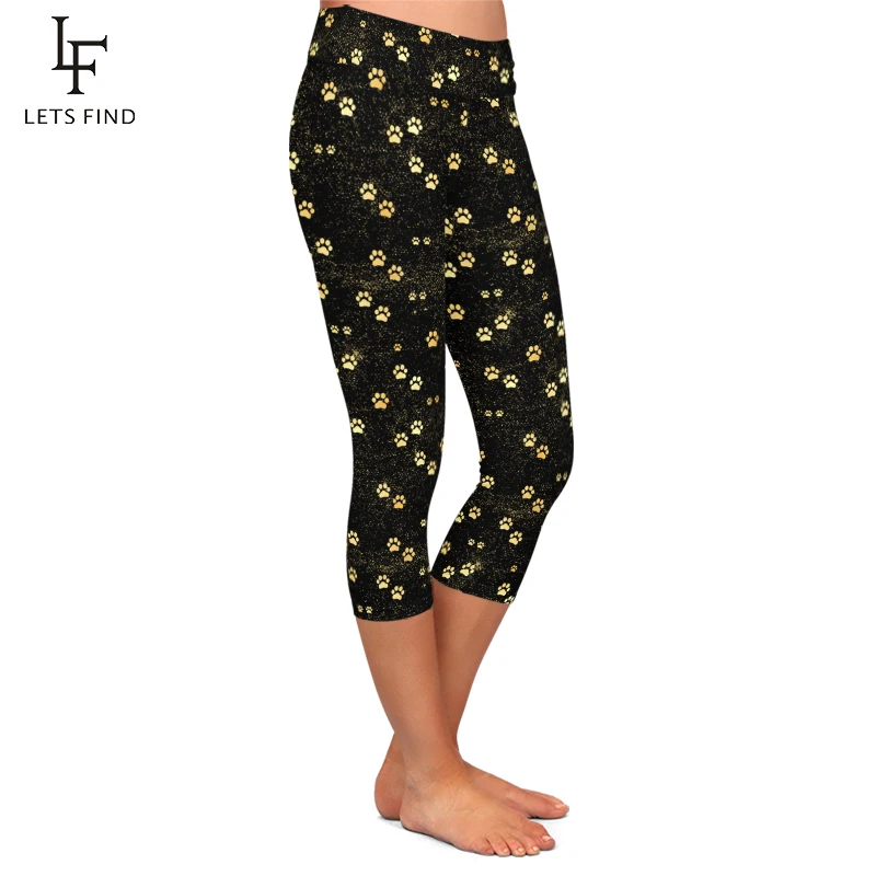 Women Leggings Elastic Capri Legging Dog Paw Printed Pants High Waist  Mid-Calf 3/4 Stretch Casual Leggings Fou Summer
