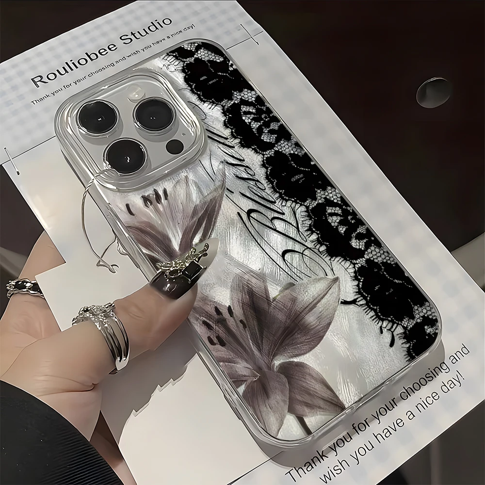 Elegant Black Lace and Floral Pattern TPU Silicone Phone Case Cover