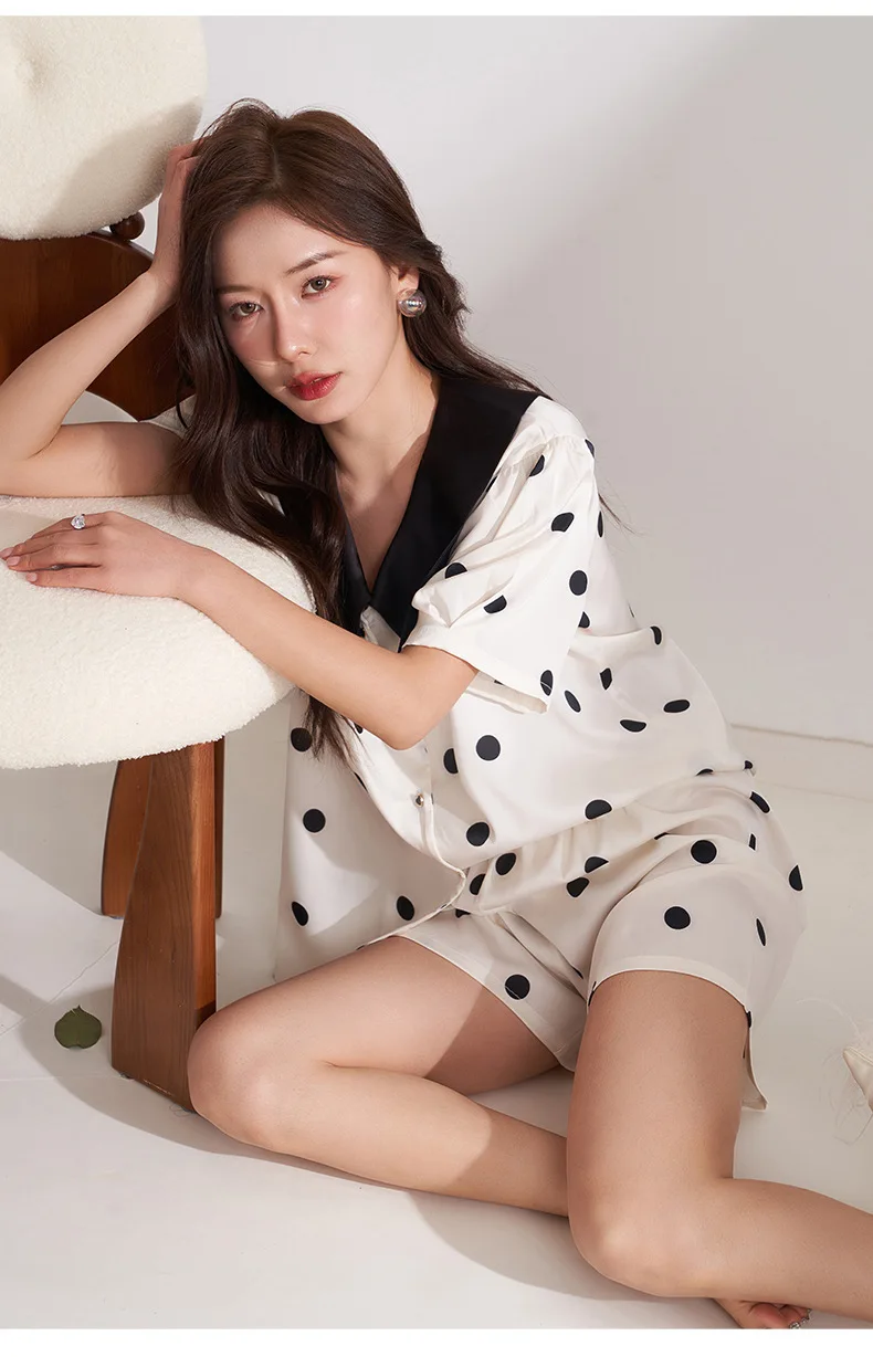 CRLAYDK 2023 Summer Polka Dot Pamas Set for Women Satin Silk Button Down Short Sleeve Sleepwear Bride Soft Pj Loungewear_voghion.com