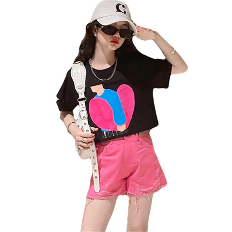 

Summer 2023 Girls Clothing Set Heart Printed Short Sleeve Tops Shorts 2pcs Teenage Kids Outfits 10 12 13 Years Children Costumes