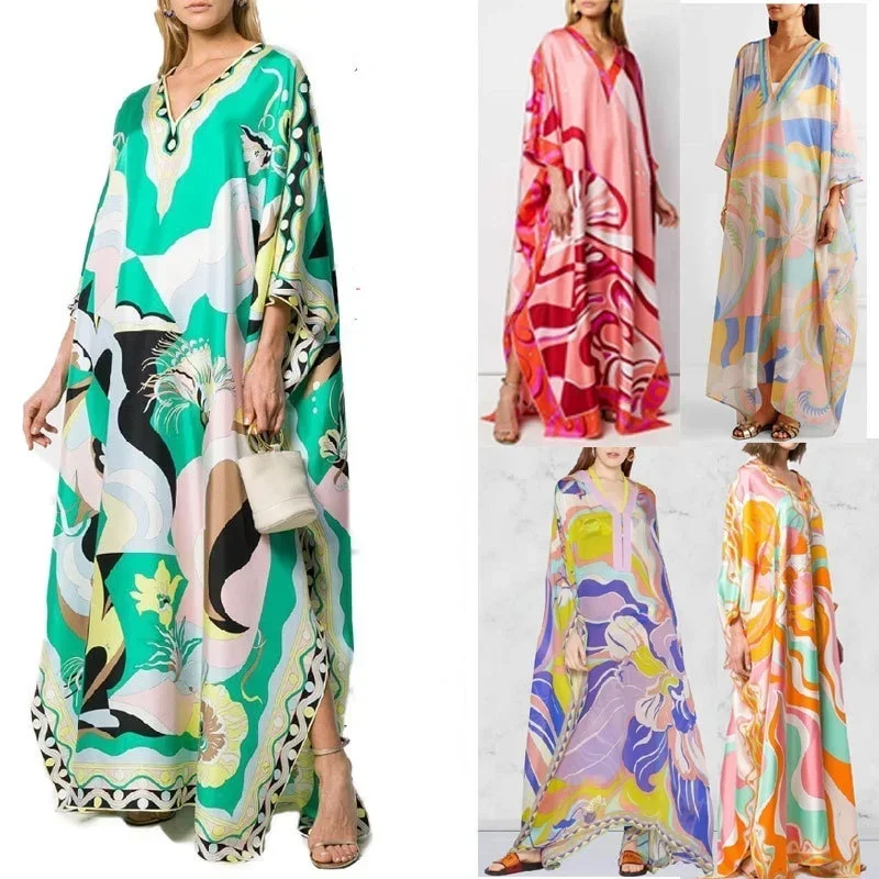 

2024 New Women's Kaftan Holiday Style Batik Cover Up Loose V-neck Bohemian Dress Plus Size Beach Dress Print Floral Maxi Dress