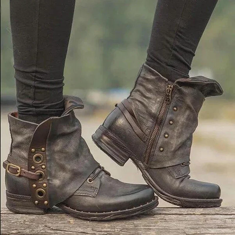 Women's Ankle Boots Women Female Autumn and Winter Retro Low Heels Ladies PU Leather Shoes Vintage Zip Boots Drop Shipping 2024
