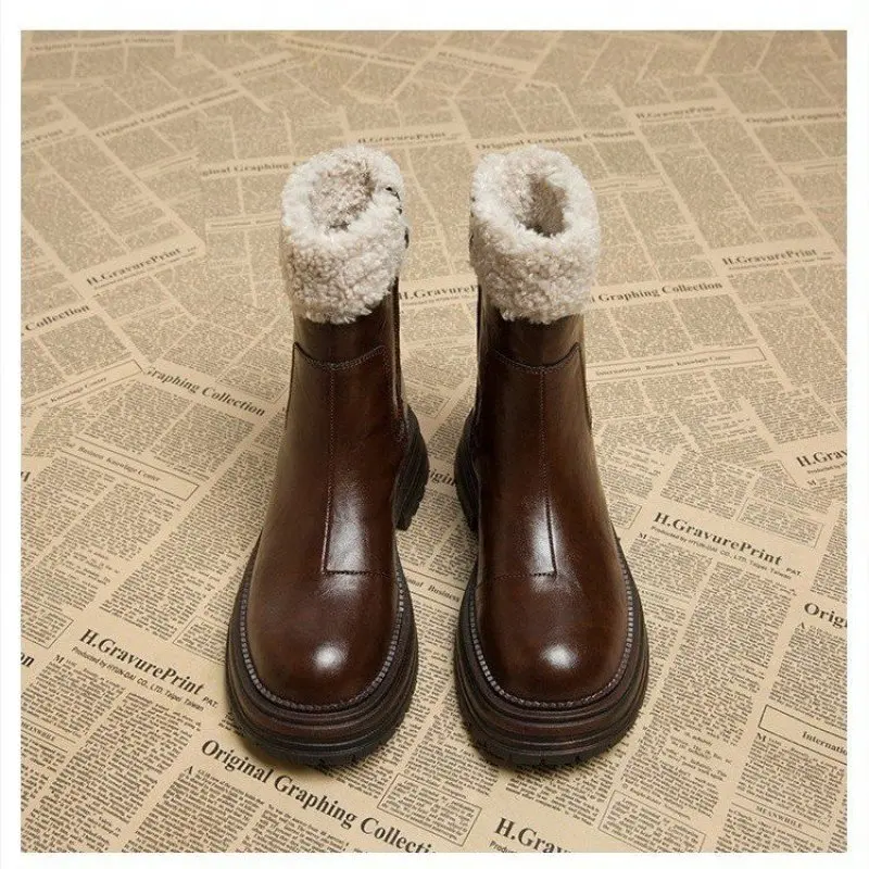 Fashion Faux Lamb Fur Women Knee Boots Plush Thick Sole Ankle Boot Soft Leather Zipper Winter Shoes for Women Warm Knight Boots