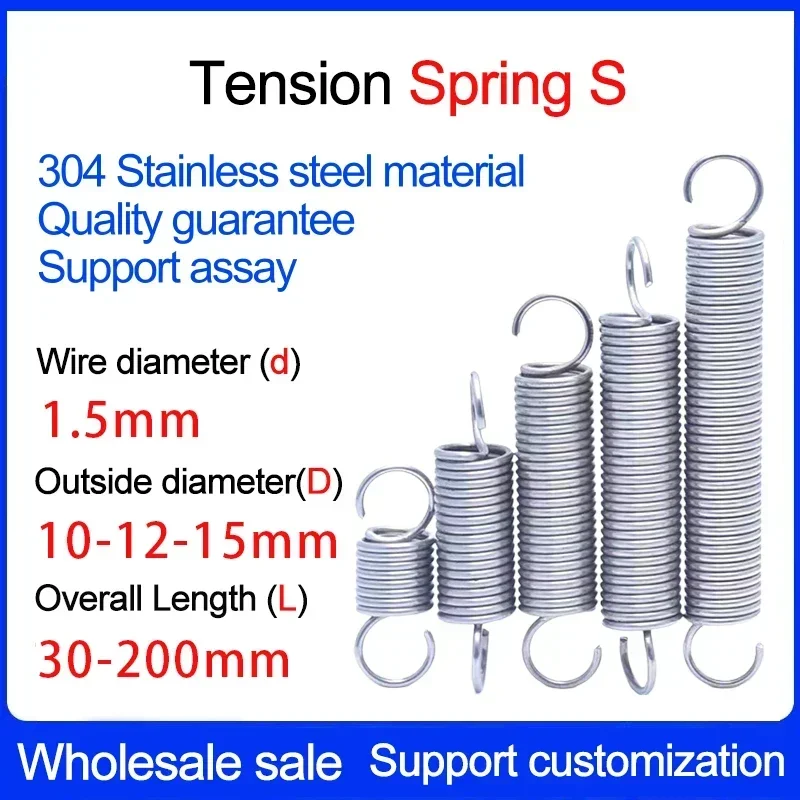 

2PCS Wire Diameter 1.5mm Length 30-200mm 304 Stainless Steel Lengthened Tension Spring S-type Spiral Opening Tension Spring