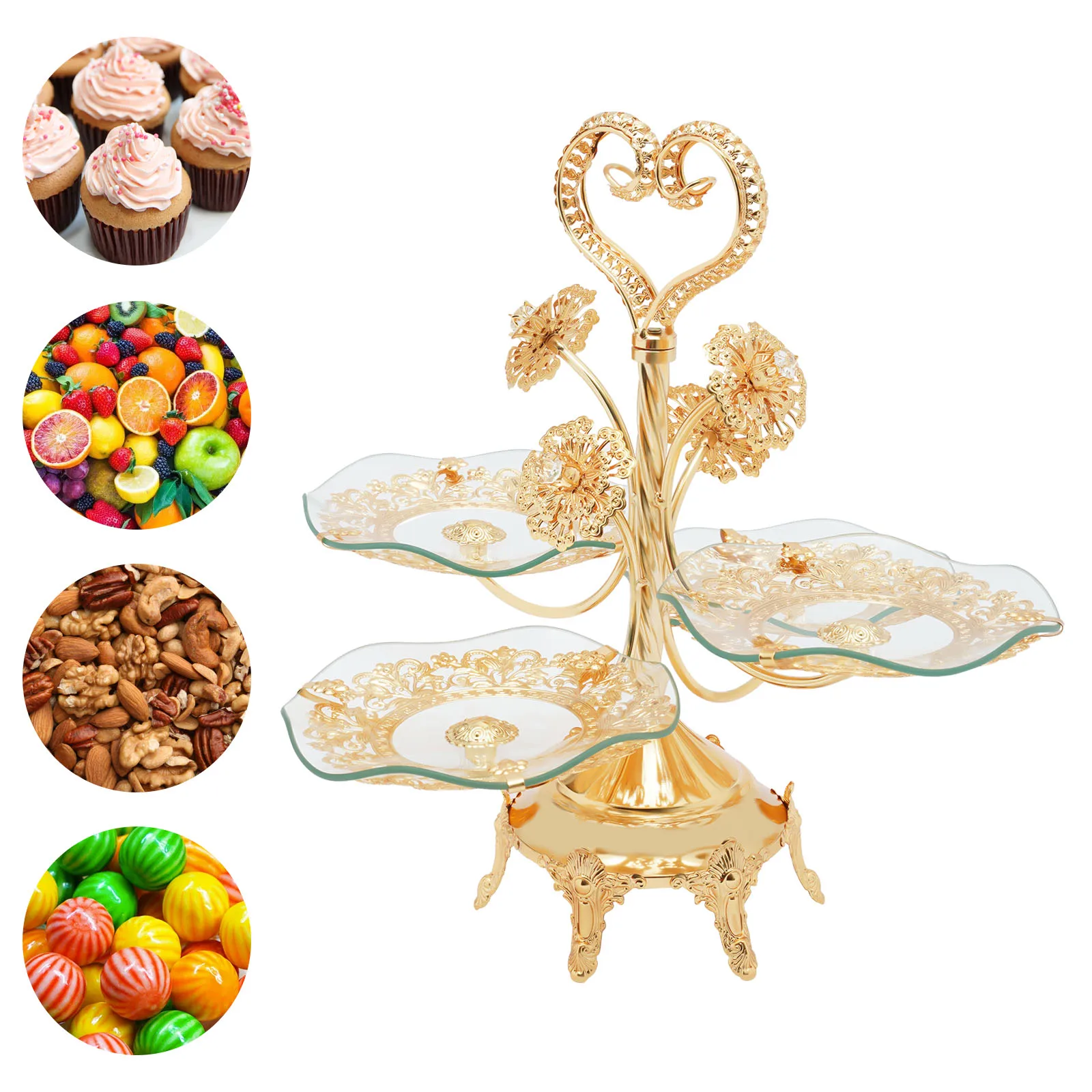 Cake Stands , Gold Fruit Bowl Tray Holder Dessert Stand Cake Plate with Round Glass Plate & Stainless Steel Holder