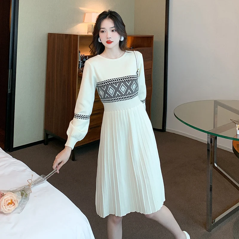 

Autumn and Winter Chic Underwear Skirt with A Small Breeze Mid-length Knitted Sweater Dress Women Clothing Black Long Sleeve
