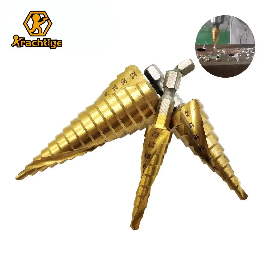 3Pcs HSS Spiral Groove twise Step Cone Drill Bit Set Flute Pagoda Metal Hole Cutter Titanium Coated Wood Drill 4-12/20/32mm 3pcs hss titanium coated step drill bit set high speed steel cone drill bit plastic wood metal working aluminum hole drilling