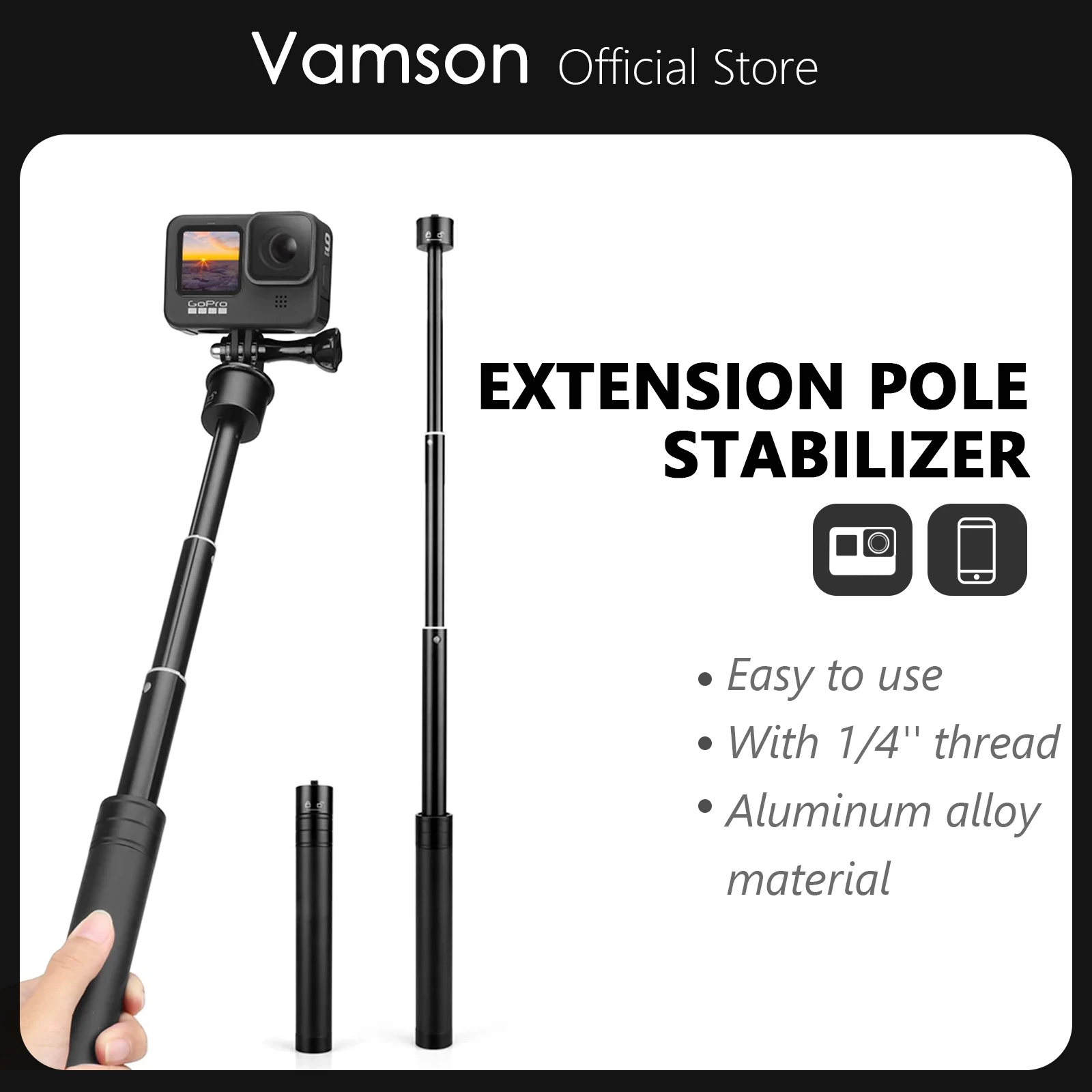 Vamson for FeiYu Zhiyun DJI OSMO Gopro 10 9 Handheld Adjustable Extension Pole Tripod Stand Selfie Stick Stabilizer Accessories