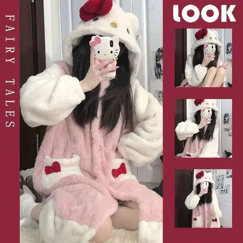 

HelloKitty Sanrio кавайное аниме фотоплатье Новинка милое зимнее утолщенное Фланелевое теплое домашнее платье для студентов подарок на день рождения