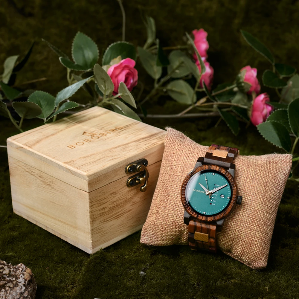 Customized Men's Watch BOBO BIRD Wooden Quartz Watch Week & Date Display With Wooden Gift Box Dropshipping