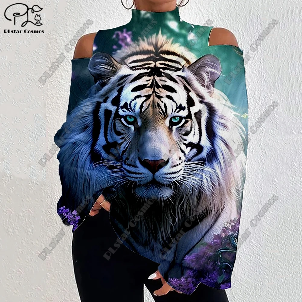 

3D Printing Animal Series Tiger Bear Pattern Women's Lantern Sleeve Off-Shoulder Textured Casual Long Sleeve HX-1