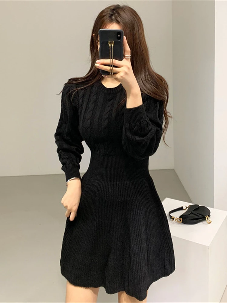 

Vintage Knit Dress Ladies Long Sleeve Crew Neck Sweater Elegant Party Office Ladies Slim Fit Dress Korea 2022 Fall New Style