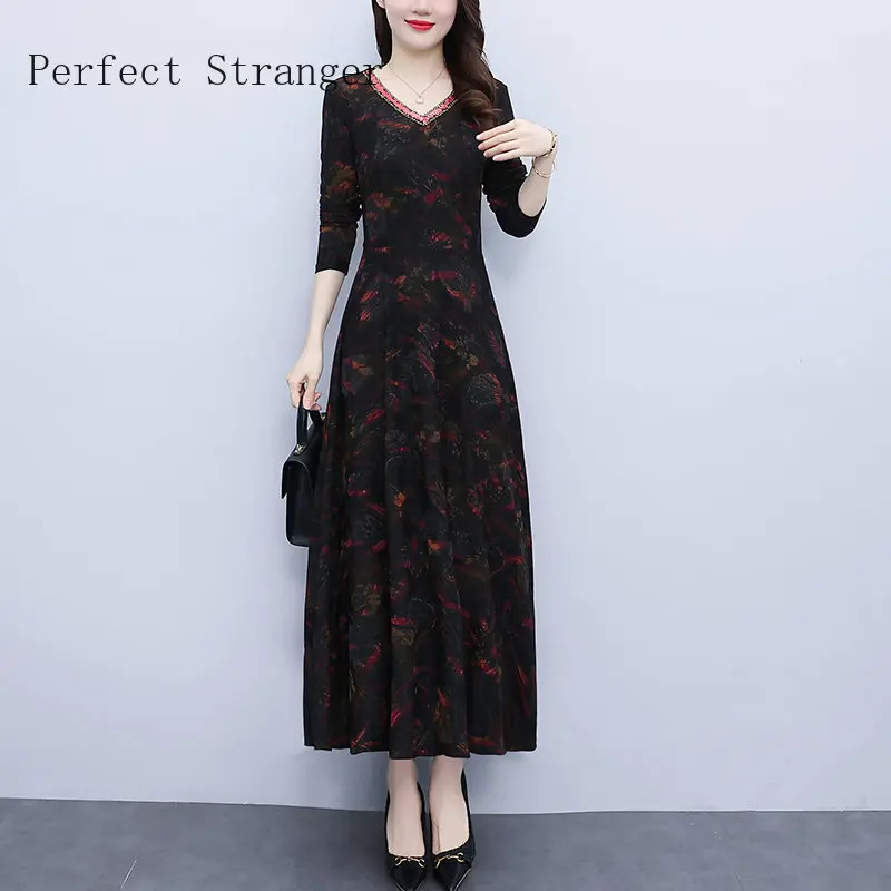 

Elegant Autumn Winter New Arrival V Collar Vestidos De Verano Mujer 2022 Flower Printed Women Long Dress Robe