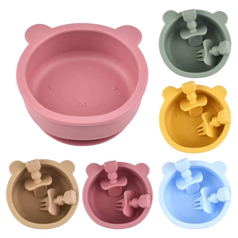 

3Pce/Set Children's Tableware Fork Spoon Set Baby Complementary Food Training Silicone Tableware Suction Cups Bowl Baby Supplies