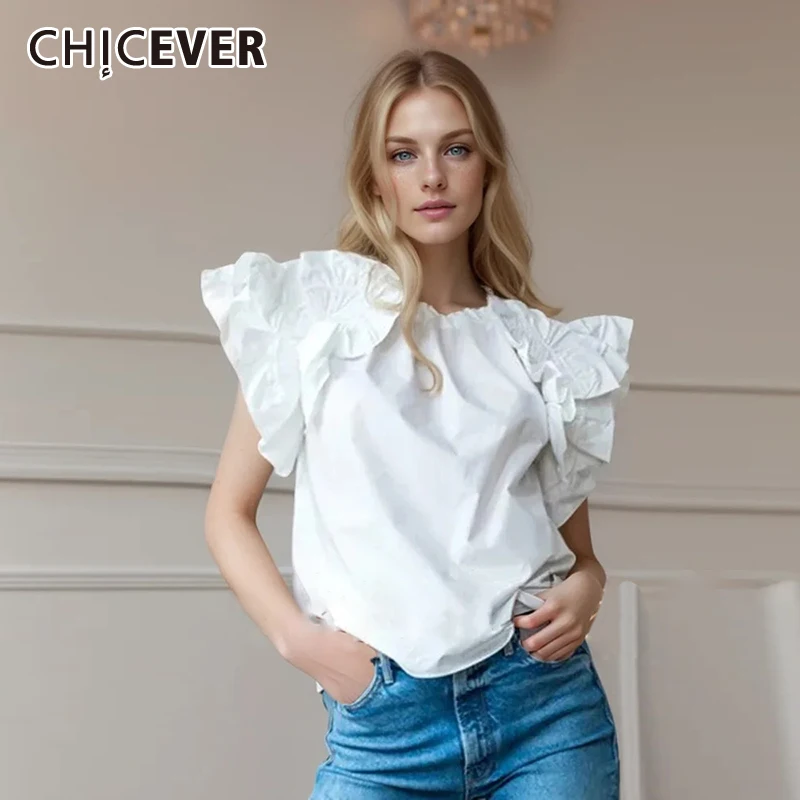 

CHICEVER Minimalist Casual Shirts For Women Round Neck Short Sleeve Patchwork Folds Loose Pullover Summer Blouse Female 2024 New