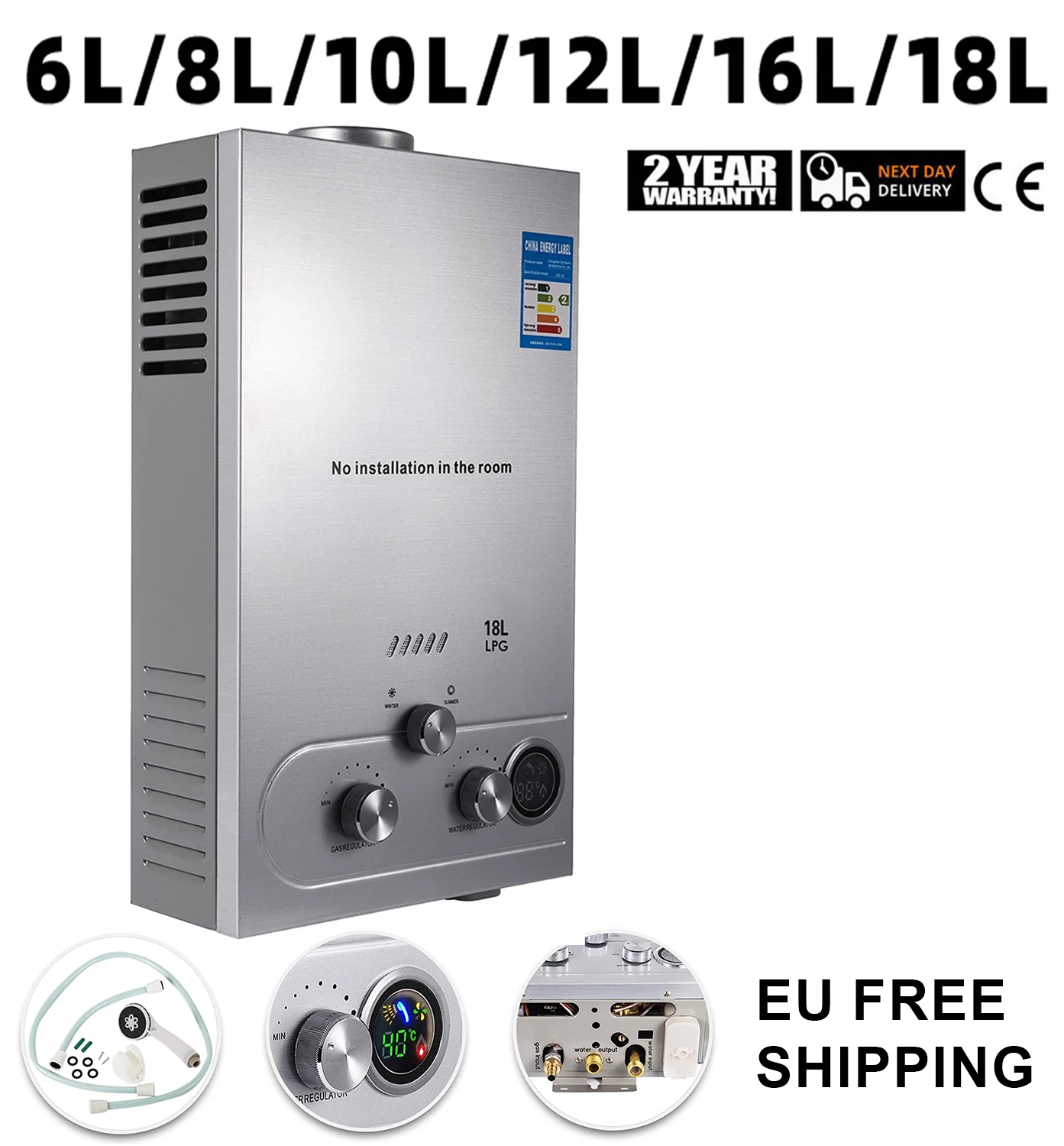 Vevor Gpl Scaldabagno A Gas Propano Gpl Tankless 6/8/10/12/16/18L 4.8Gpm Kit Scaldabagno A Gas Propano In Acciaio Inossidabile