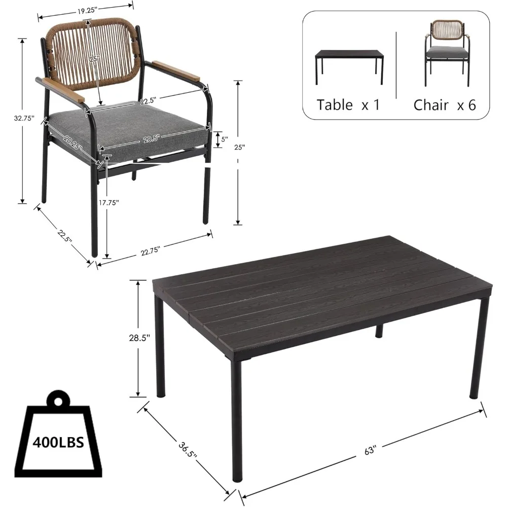 Wicker Outdoor Dining Set for 6, Upholstered 7 Piece Patio Dining Set with Armrests, Modern Outdoor Dining Table Sets 6