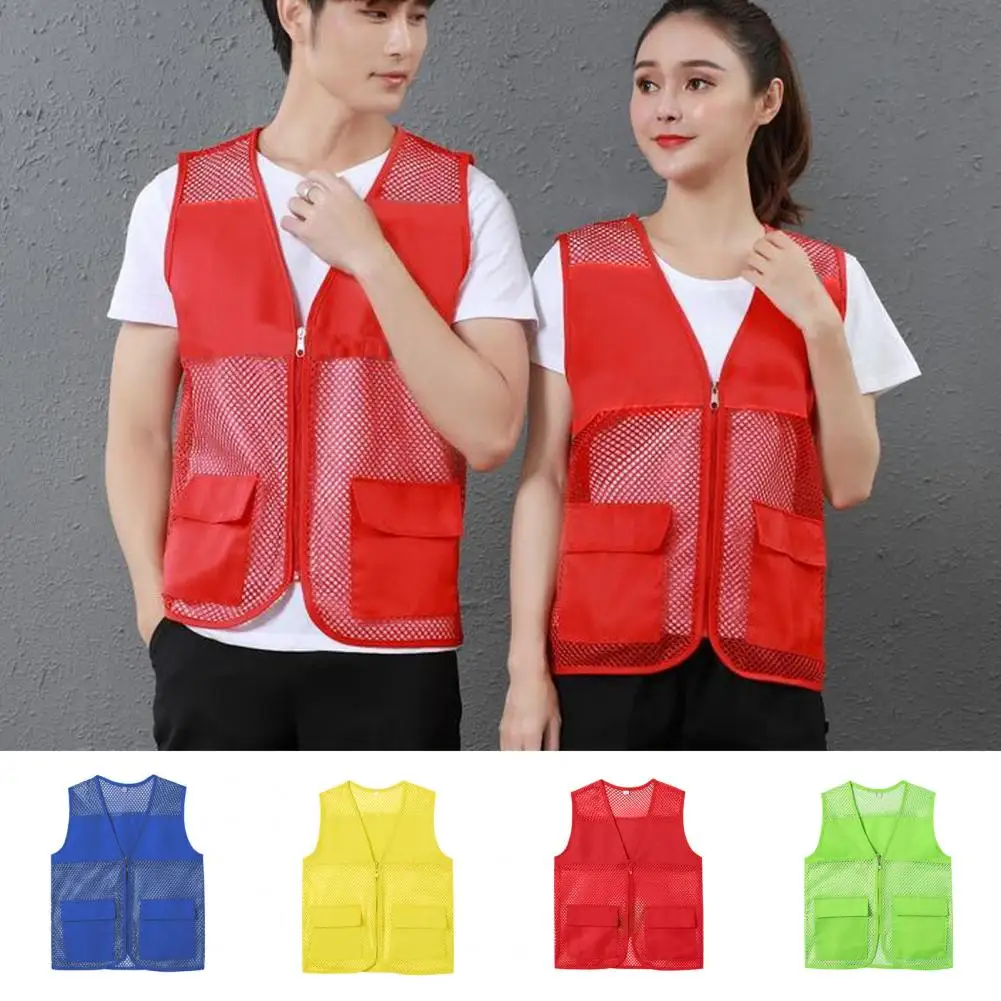 

Mesh Vest Men Women Hollow Out Zipper Placket Double Pockets V-neck Work Vest Volunteer Bright Color Loose Fit Unisex Waistcoat