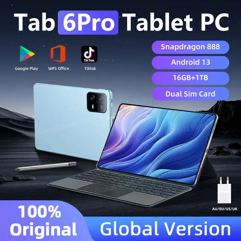2024 글로벌 버전 오리지널 태블릿 PC, 안드로이드 13 패드 6 프로, 스냅드래곤 888 RAM, 16GB + ROM, 1TB, 5G 듀얼 SIM 카드, 10000mAh HD 4K 탭