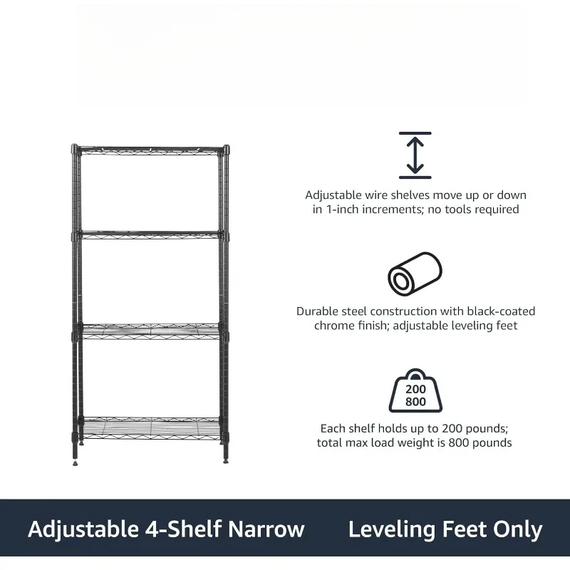 Amazon Basics 4-Steel Wire Storage Rack, Adjustable, Sturdy, Easy Assembly, 13.4"D x 23.2"W x 48"H, Black 2