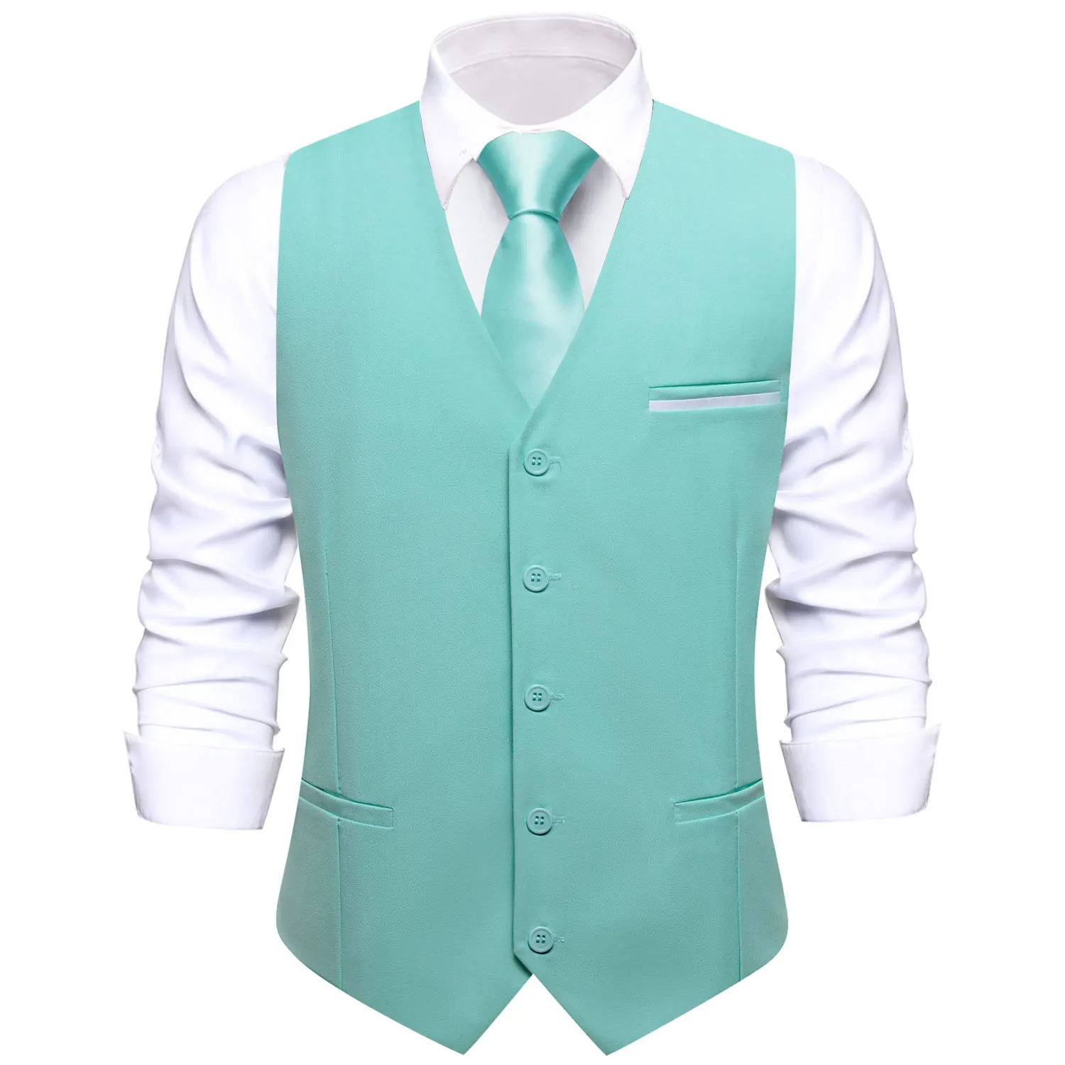 Mint Green Mens Silk Vest Silm Fit Wedding Solid Waistcoat Tie Hanky Cufflinks Set for Male Business Party Designer Gifts Hi-Tie