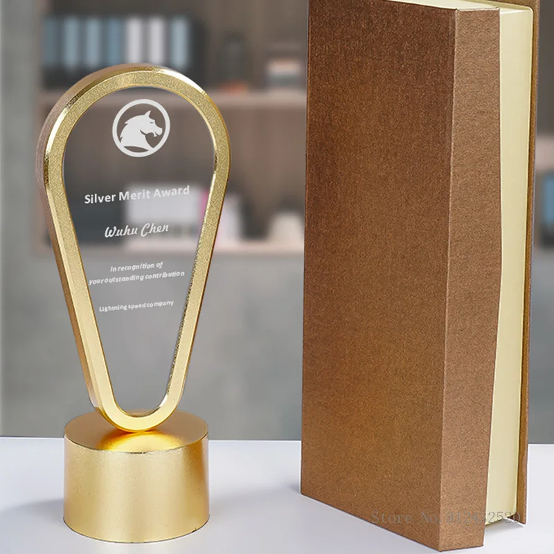 Personalized Custom Metal Geometric Shape Base Crystal Trophy, Electroplating Gold, Creative Event, Souvenir, Home Decoration