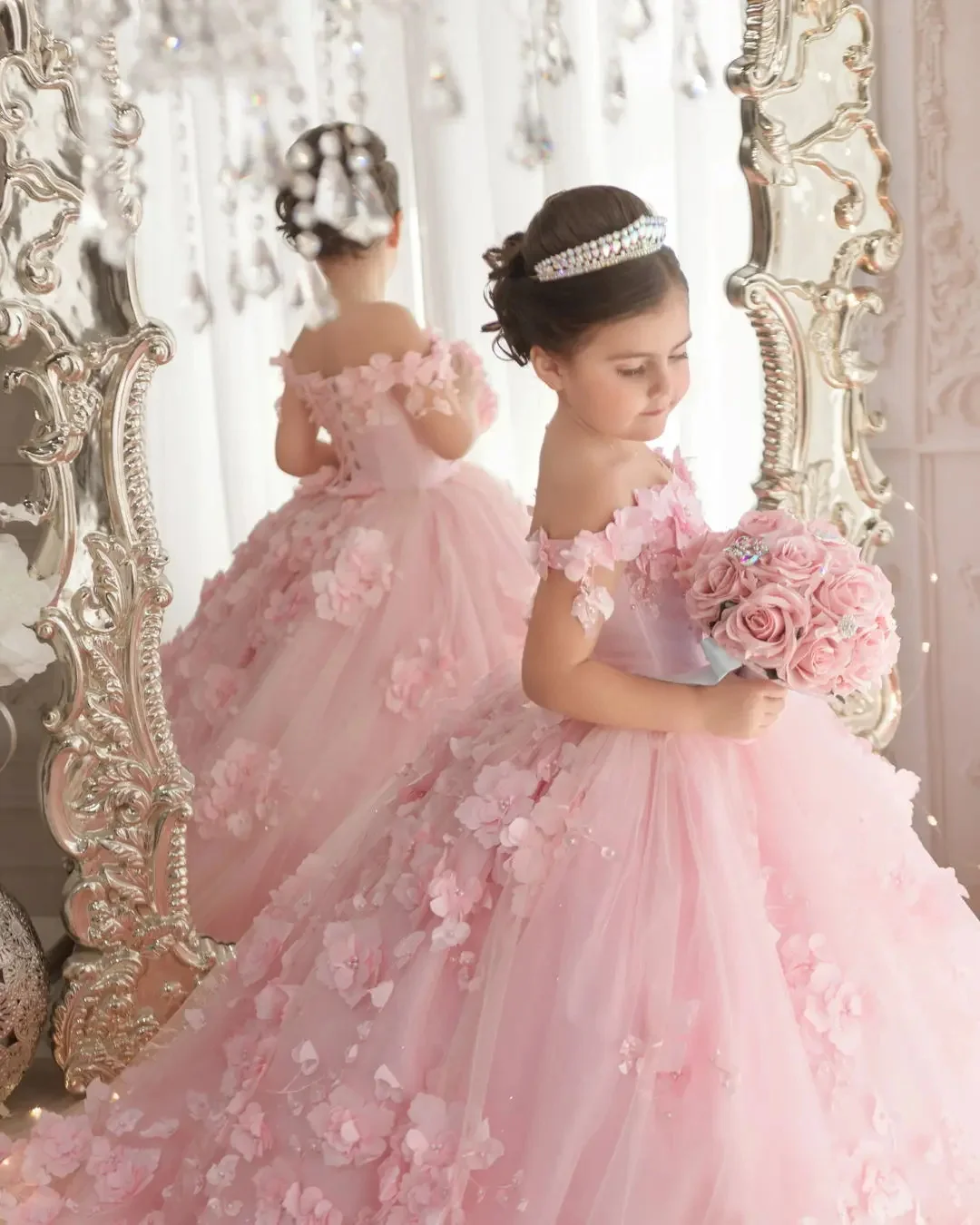 Flower Girl Dresses Pink 3d Applique Flower Girl Dress For Wedding Off Shoulder Luxurious Pearls Tulle Child First Eucharistic Birthday Party Dress